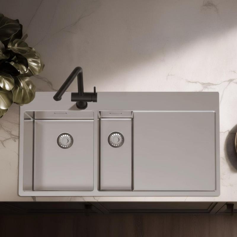 Pure.Sink Exclusivo Fregadero de acero inoxidable de 1,5  con escurridor de 100 x 52 cm Grifo Tapwing izquierdo PEX3418100LT-02