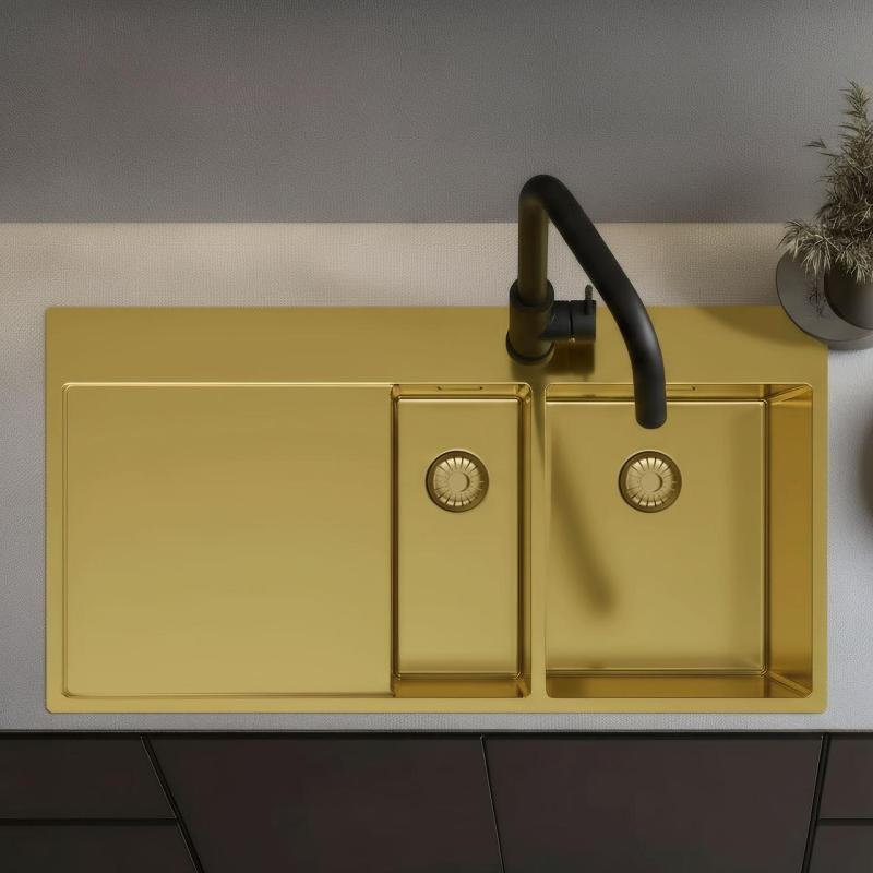 Pure.Sink Exclusivo Fregadero dorado de 1,5  con escurridor 100 x 52 cm Grifo de palanca a la derecha PEX3418100RT-60