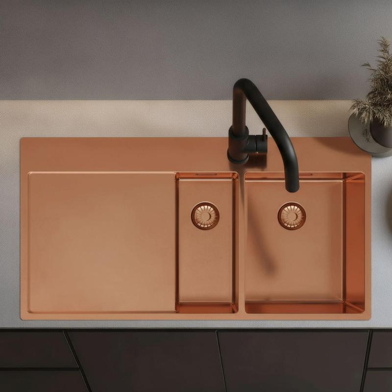 Pure.Sink Exclusivo Fregadero de cobre de 1,5  con escurridor 100 x 52 cm Grifo de palanca a la derecha PEX3418100RT-62