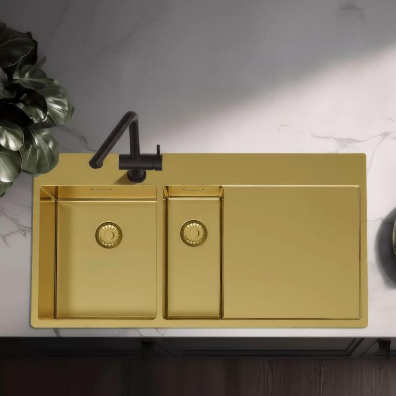 Pure.Sink Exclusivo Fregadero dorado de 1,5  con escurridor 100 x 52 cm Grifo de palanca a la izquierda PEX3418100LT-60