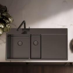 Pure.Sink Exclusivo Fregadero Gun Metal 1,5 con escurridor 100 x 52 cm Grifo Tapwing izquierdo PEX3418100LT-61