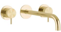 Grifo de lavabo empotrado Waterrevolution Flow de 3 orificios PVD oro blanco con caño de 15 cm T1163FWGE-15