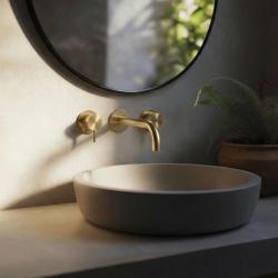 Grifo de lavabo empotrado Waterrevolution Flow de 3 orificios PVD oro blanco con caño de 15 cm T1163FWGE-15