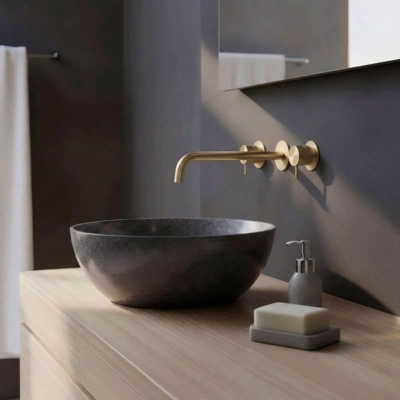 Grifo de lavabo empotrado Waterrevolution Flow de 3 orificios, PVD oro blanco con caño de 25 cm T1163FWGE-25