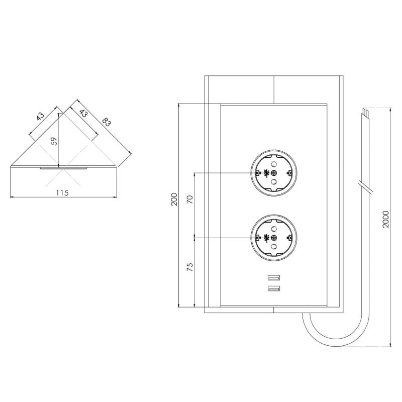 Indux Corner Columna de energía con 2 enchufes con toma de tierra y 2 cargadores USB de acero inoxidable 1208972296
