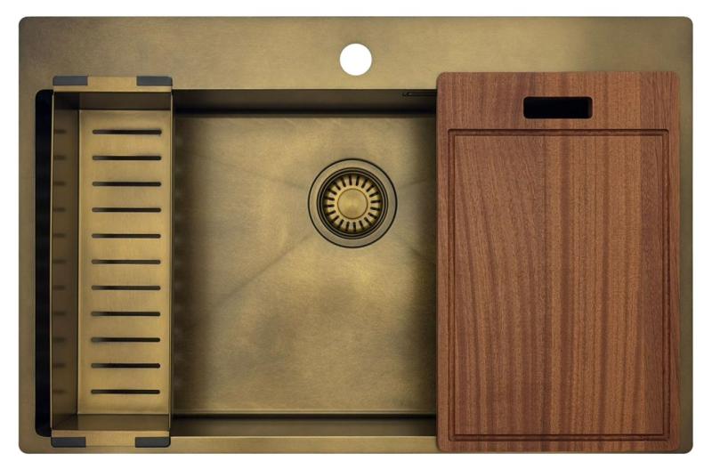 Pure.Sink Luxion Gran fregadero PVD Antique Bronze de 78 x 50 cm Tapwing con banco para grifo y rejilla inferior PLX7850T-64