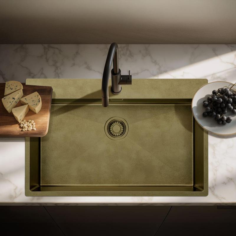 Pure.Sink Luxion Gran fregadero PVD Antique Bronze de 78 x 50 cm Tapwing con banco para grifo y rejilla inferior PLX7850T-64