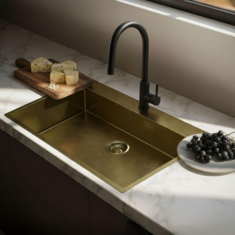 Pure.Sink Luxion Gran fregadero PVD Antique Bronze de 78 x 50 cm Tapwing con banco para grifo y rejilla inferior PLX7850T-64