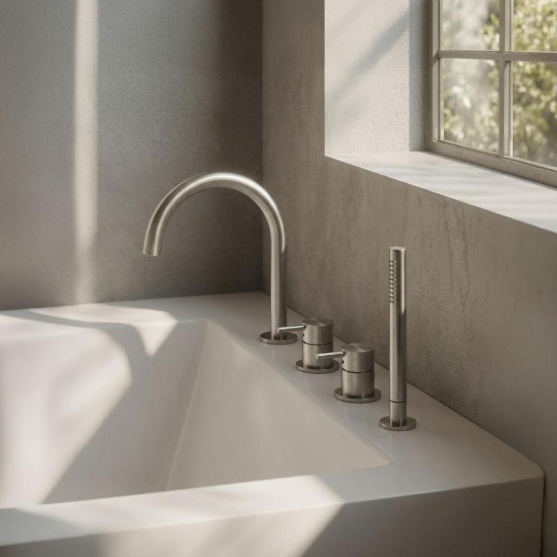 MURO TUA Mezclador empotrado para borde de bañera con caño redondo y ducha de mano extraíble cromado 1208972441