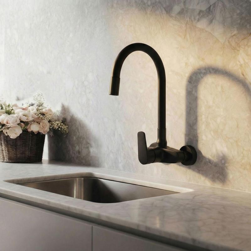 Aquanello Casa Grifo de cocina de pared negro con caño alto y flexible BL-1301-CS