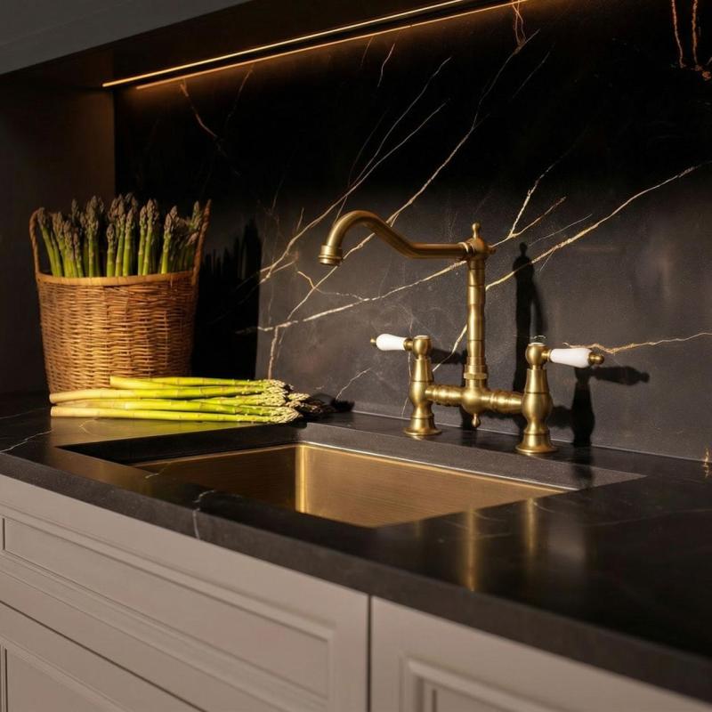 Aquanello Heritage Manor Grifo de cocina clásico de estilo nostálgico con maneta blanca, acabado en bronce BN-0010-HM