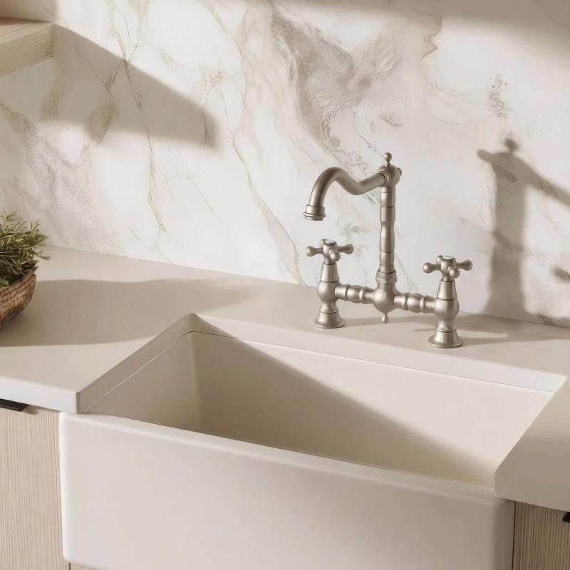 Aquanello Heritage Ascot Grifo de cocina clásico de estilo nostálgico con manetas en forma de cruz, de acero inoxidable, modelo NB-0011-HM