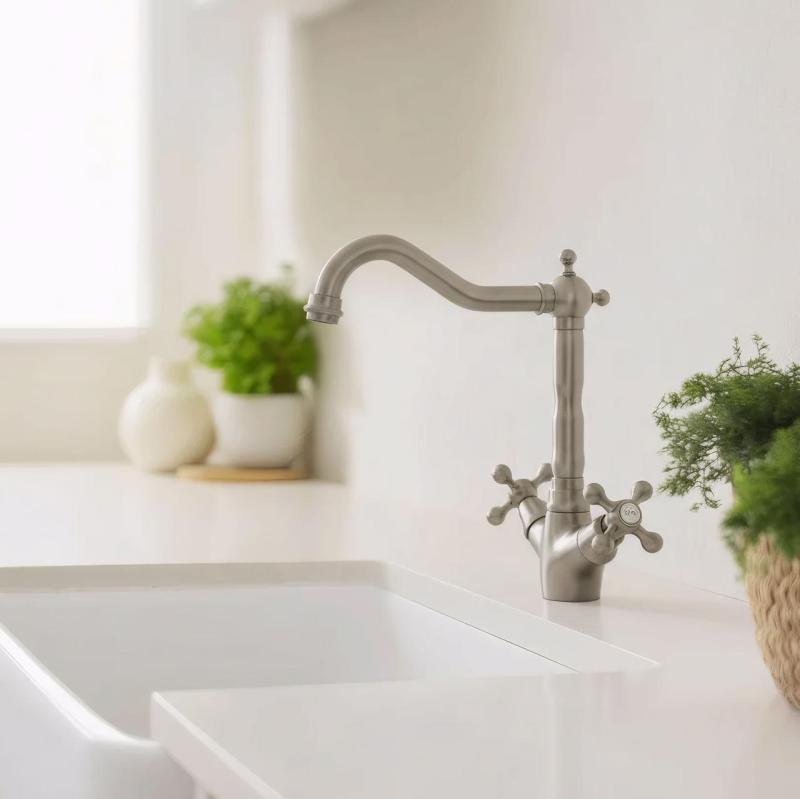 Aquanello Heritage Ascot Grifo de cocina clásico y nostálgico de acero inoxidable con caño en ángulo NB-4002-HA