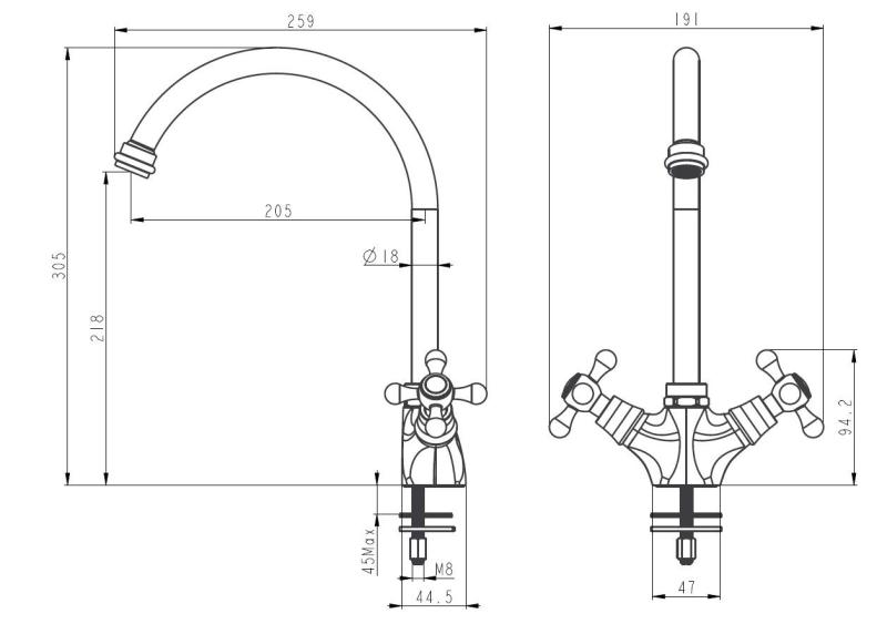 Aquanello Heritage Ascot Grifo de cocina clásico y nostálgico cromado con caño redondo CR-4003-HA