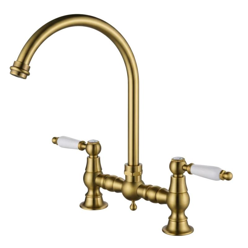 Aquanello Heritage Manor Grifo de cocina clásico de estilo nostálgico con diseño de puente, en bronce, con maneta blanca y caño redondo BN-4001-HM