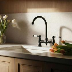 Aquanello Heritage Manor Grifo de cocina clásico de estilo nostálgico, negro con maneta blanca y caño redondo BL-4001-HM