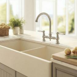 Aquanello Heritage Manor Grifo de cocina clásico Nostalgic Bridge en acero inoxidable con maneta blanca y caño redondo NB-0011-HM