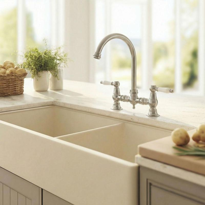 Aquanello Heritage Manor Grifo de cocina clásico Nostalgic Bridge en acero inoxidable con maneta blanca y caño redondo NB-0011-HM