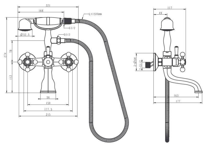 Aquanello Heritage Ascot Grifo clásico para bañera con mandos en estrella cromados, incluye ducha de mano CR-3002-HA