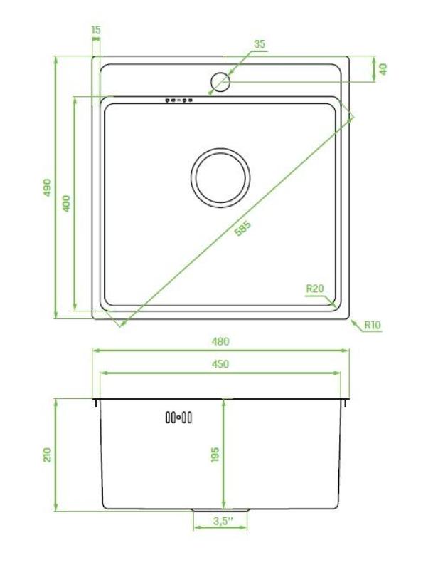 Aquadesign Plana Fregadero de acero inoxidable para montaje sobre encimera 48 x 49 cm con orificio para grifo, sifón y tapón de desagüe Clickclack incluidos 1208972559