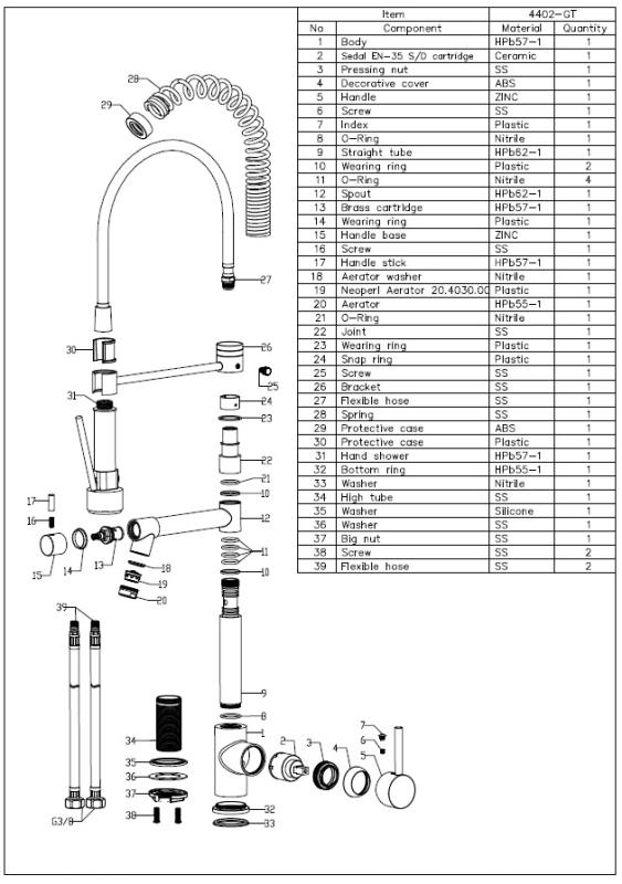 Aquanello Gastro Grifo de cocina con función de rociado profesional, cromado CR-4402-GT