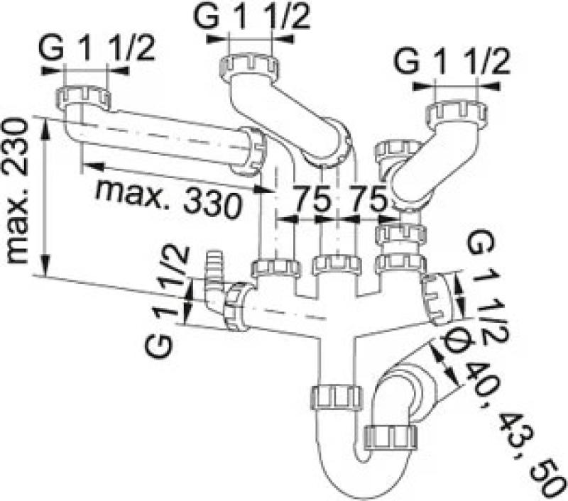 Sifón de cocina Franke Spazio 3 que ahorra espacio para 3 senos de fregadero 6213